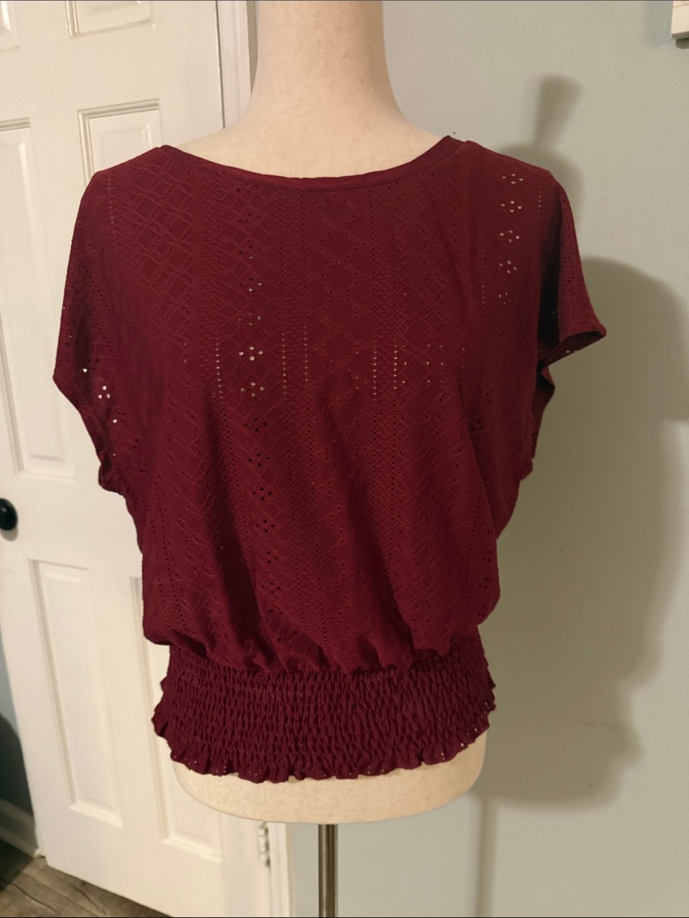 SHEIN Burgundy Eyelet Short Sleeve Smocked Hem Blouse